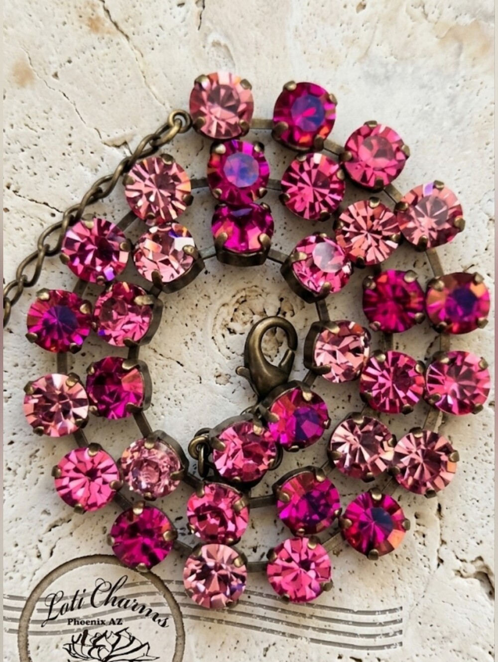 Pink Rose and Fuchsia In Swarovski Crystals On Classic Tennis Brass Necklace